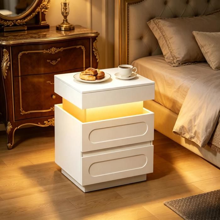 Table de chevet - Modèle moderne - Blanc - 2 tiroirs - Compartiment verrouillable et station de charge