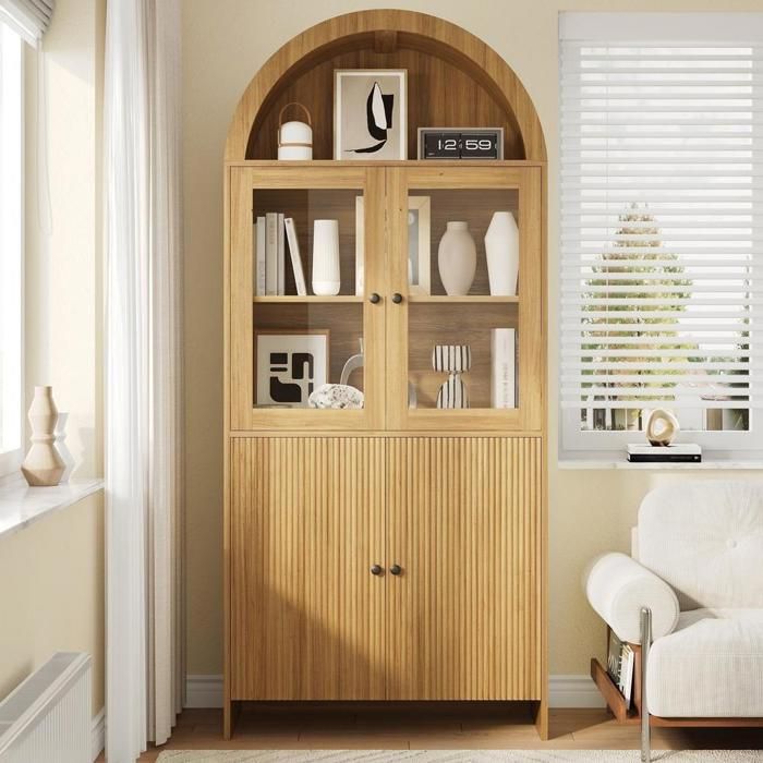 Buffet haut - KOMHTOM - 78x40x176 cm - Vitrine portes verre - Rangement ondulé - LED intégré