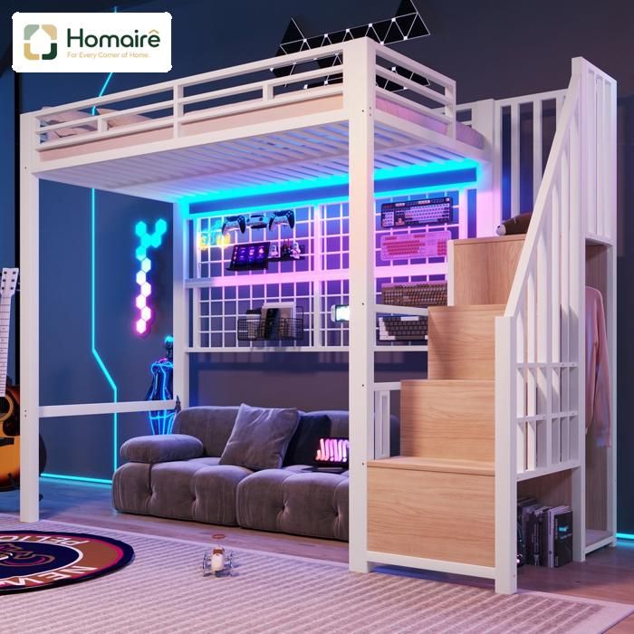 Lit superposé multifonction avec armoire de rangement échelle grille suspendue et ruban LED 7 couleurs cadre en fer sol