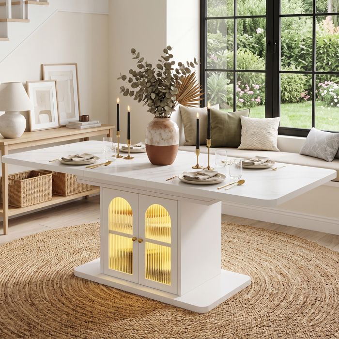 Table à Manger Extensible 150-200 x 80 cm avec Rangement et LED 6-8 Personnes Blanc Effet Marbre