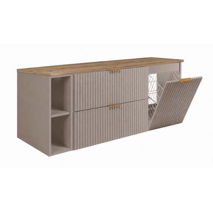 Meuble de salle de bain - Meuble sous vasque suspendu - 140 x 46 x 57 cm - Panier à linge - Plan chêne clair poignées dorées