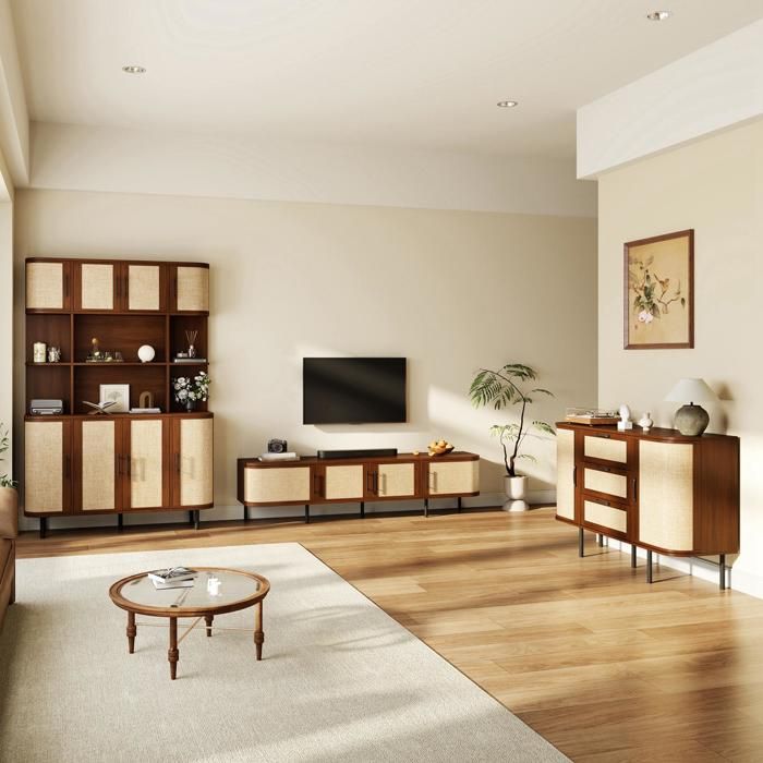 Ensemble de meubles de salon avec meuble TV buffet et armoire haute façade tressée poignées noires et pieds en métal
