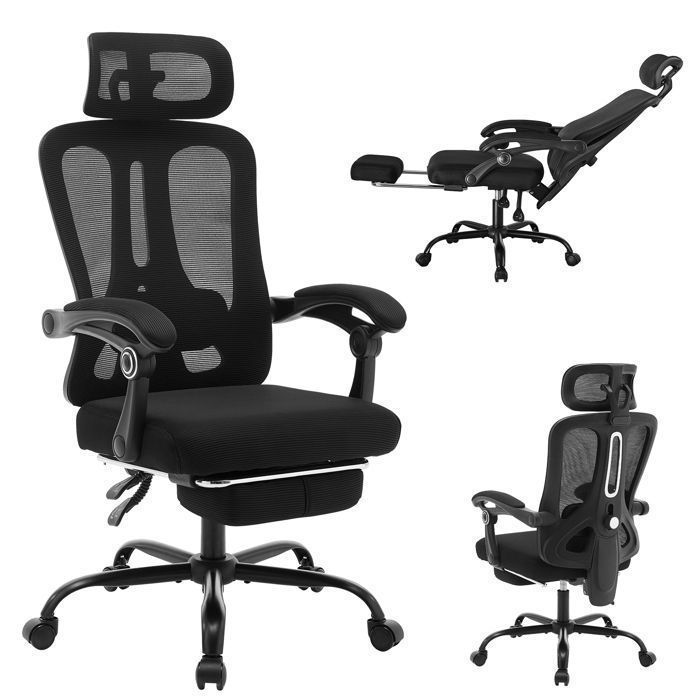 Chaise ergonomique gaming & bureau – Dossier haut soutien lombaire réglable – Repose-pieds rétractable maille respirante – Noir