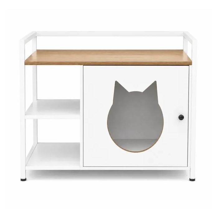 Meuble litière chat multifonction blanc bois armoire cache litière table d’appoint avec étagères et rangements mobilier moderne