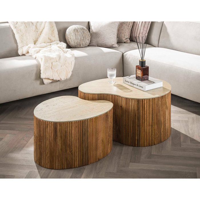 Jade - lot de 2 tables basses gigognes effet travertin - pieds en bois massif de manguier - 93 et 76 cm - Bois / Beige Jade - lot de 2 tables basses gigognes effet travertin - pieds en bois massif de manguier - 93 et 76 cm - Bois / Beige