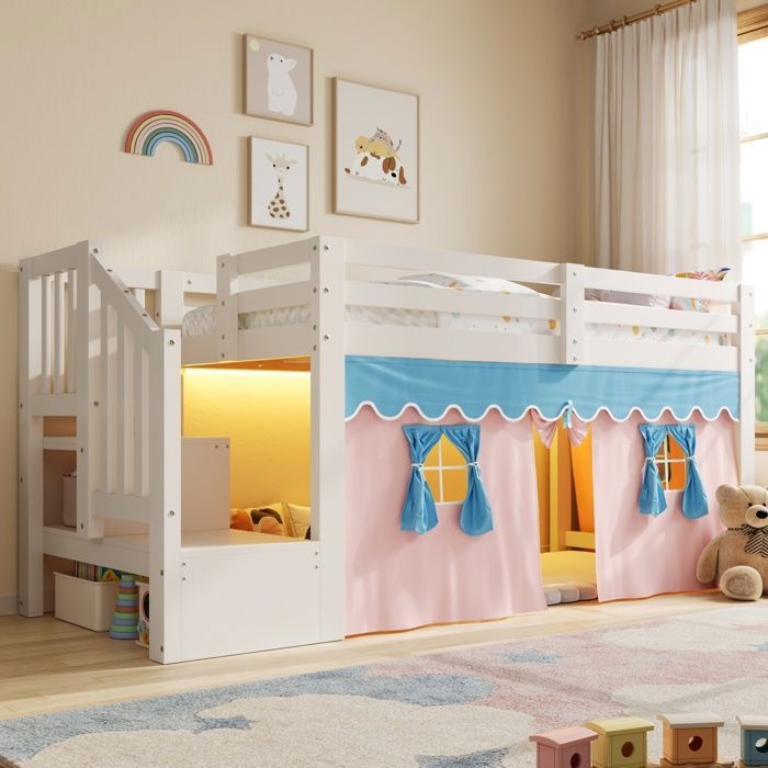 Lit enfant 90x200 avec ruban LED et rideaux occultants Lit mi-haut avec espace ouvert en dessous Pin Blanc ( Sans matelas et clips)