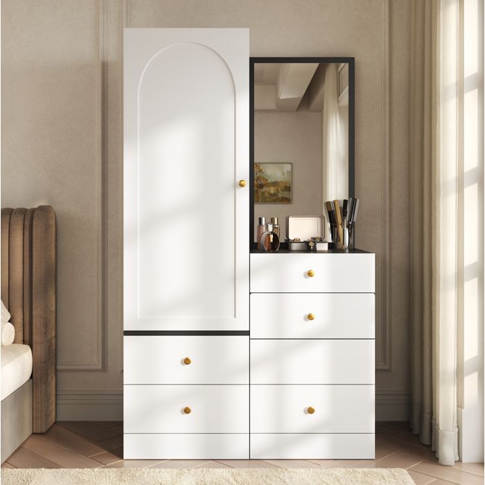 Maisentiel Coiffeuse combinée avec armoire miroir pleine longueur tabouret escamotable MDF blanc et noir 90 x 50 5 x 160 cm