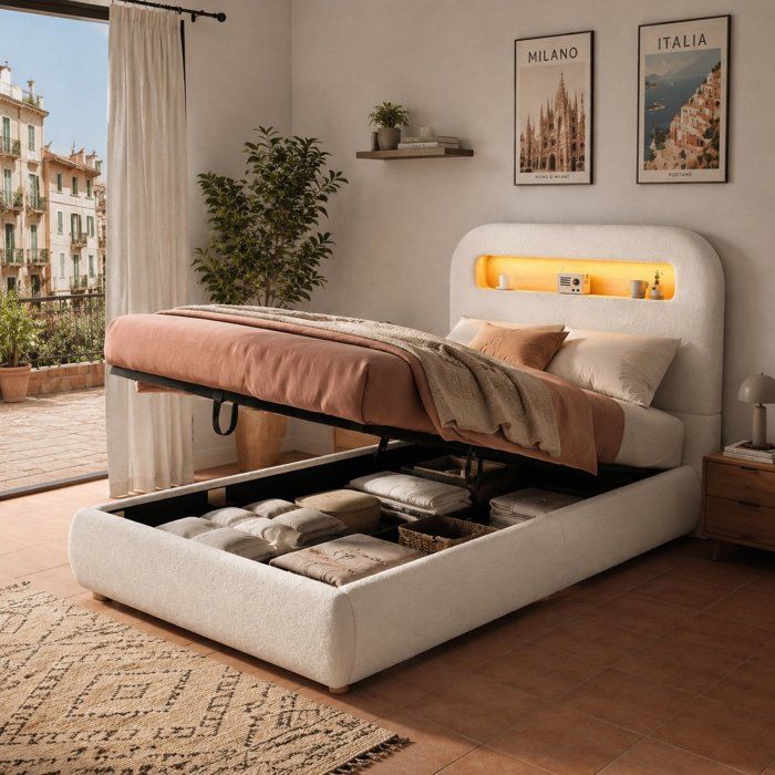 Lit coffre 90x200 avec grand rangement hydraulique et éclairage LED pilotable par application pour chambre denfant