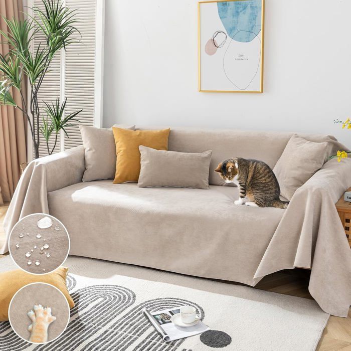 Housse Canapé 3 Places Imperméable 340 x 180 cm - Protection Antidérapante Matelassée contre Chat