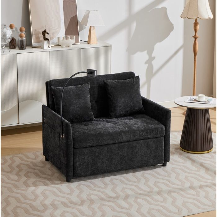 COVREO Fauteuil-lit 1 place convertible noir avec port USB support tablette et lampe de lecture