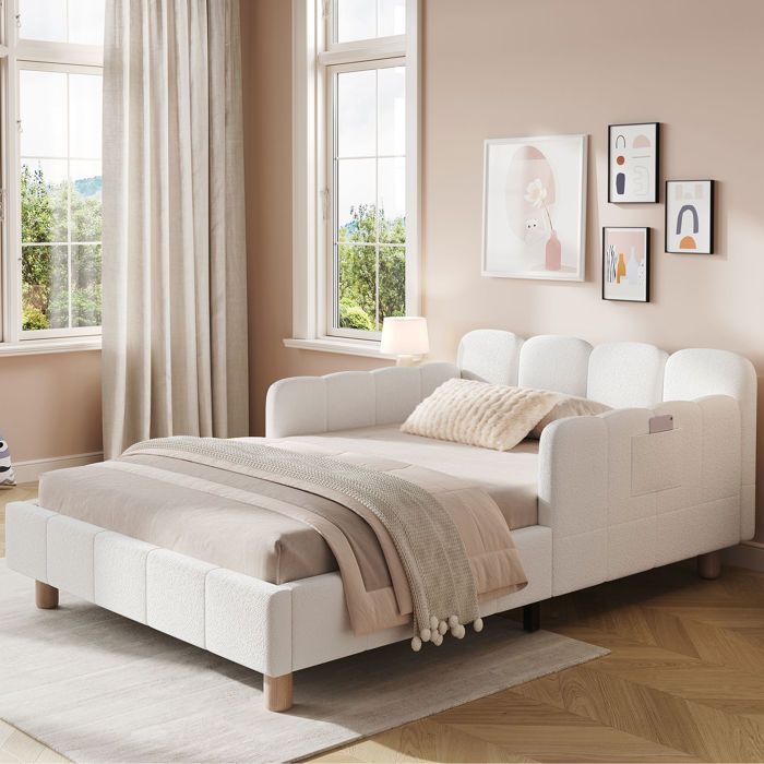 Lit Enfant Rembourré 90x200 cm avec Barrières Antichute Modulables Poches de Rangement Sommier à Lattes Bouclé Beige