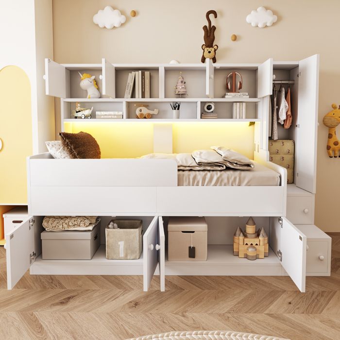 Lit combiné enfant - ZEVKOR - 1 place 90×200 cm - rangements intégrés - penderie & étagères - LED intégrée