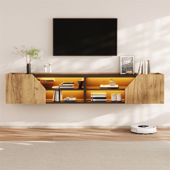 Meuble TV mural 180x36.5x40cm - Meuble TV suspendu avec LED Bluetooth RGB et 2 portes géométriques - Noir et chêne