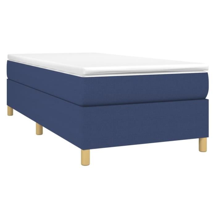 Sommier tapissier - AKOZON - 90x200 cm - Tissu bleu - Lattes de contreplaqué - 1 place