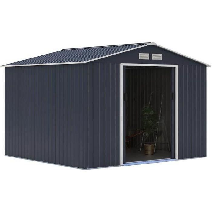 Abri de jardin en métal 7,06 m² - 277 x 255 x 202 cm - MERCURE - Kit d'ancrage inclus, 2 portes coulissantes - Gris
