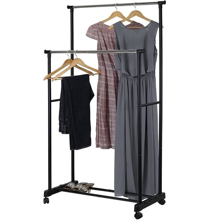 JIN Portant à vêtements en Métal - Vestiaire Mobile avec 4 Roulettes + 2 Barres Hauteur et Longueur réglables - Style moderne Noir