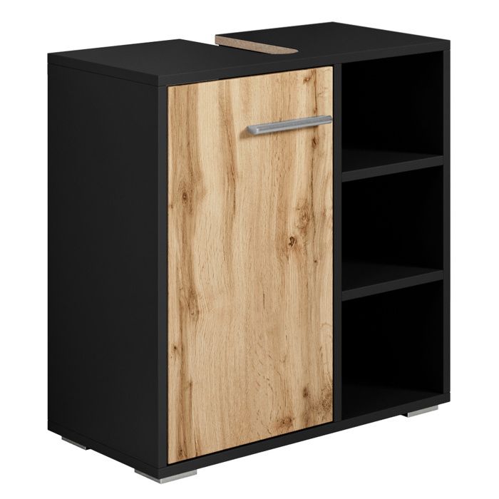 Meuble vasque - Neptunus - Noir mat avec chene - 60 x 30 x 60 cm - Meuble de salle de bain