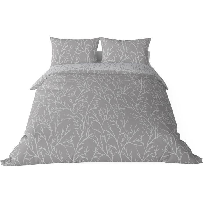 Parure De Lit Réversible Ginko Beige 240x220 Cm – 100% Coton Doux Et Naturel, Housse De Couette + 2 Taies 65x65 Cm, Style Élégant Et Chaleureux