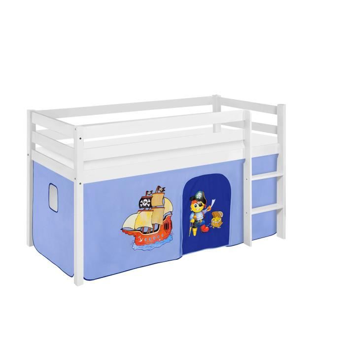 Lit surélevé ludique JELLE 90 x 190 cm Pirate bleu - avec rideaux - LILOKIDS - blanc laqué