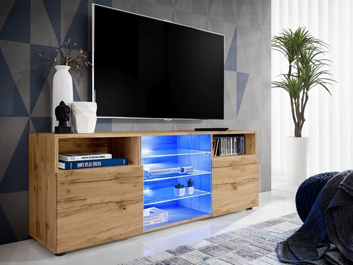 Meuble TV Urbino Komodee - LED bleues - Bois Naturel Mat - Facades en Matt - 140 x 53 x 35 cm Meuble TV Urbino Komodee - LED bleues - Bois Naturel Mat - Facades en Matt - 140 x 53 x 35 cm