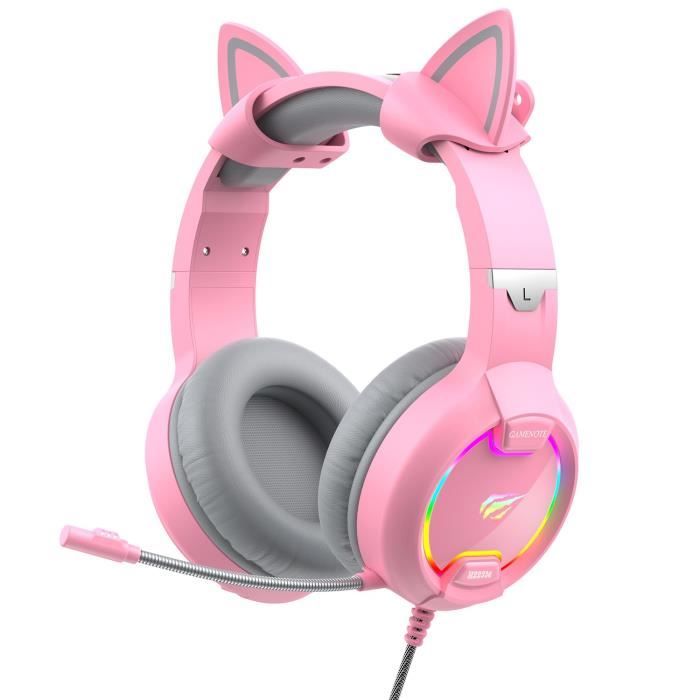 Casque gaming fille rose GAMENOTE H2233d avec oreilles de chat éclairage RGB pour PC & console - Haut-parleur 50mm