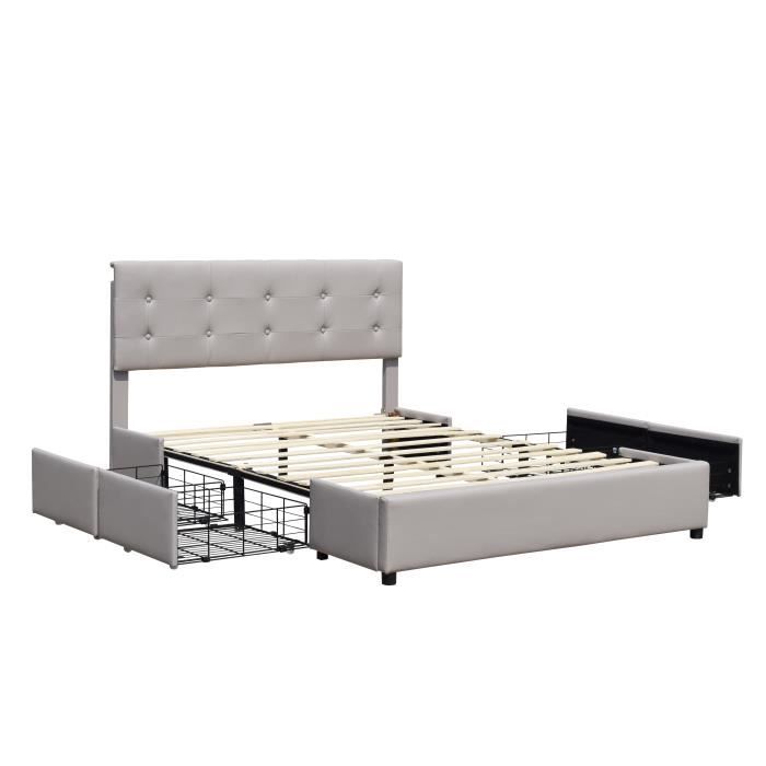 chloe - Solide et Confortable Lit 140x200 avec Sommier avec 4 tiroirs Tete de lit Couleur GRIS Pieds en 4 cm