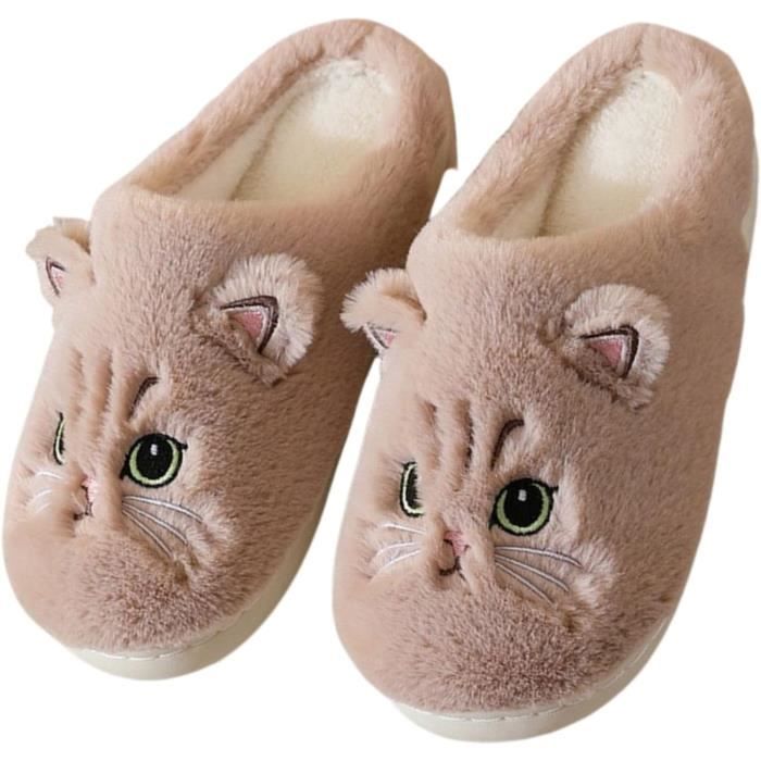 Chaussons Chat Peluche Hiver - Pantoufles Douces Antidérapantes - Taille 38 Gris - Pour Intérieur/extérieur - 4