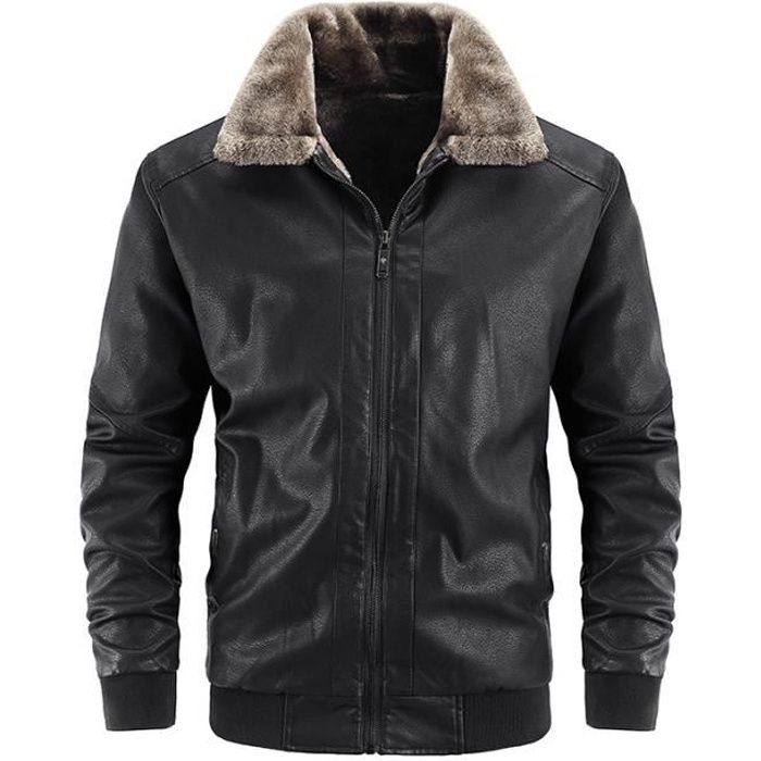 Blouson en Cuir Homme Manteau de Moto Bomber Veste Jacket PU Automne Hiver - Noir Noir 