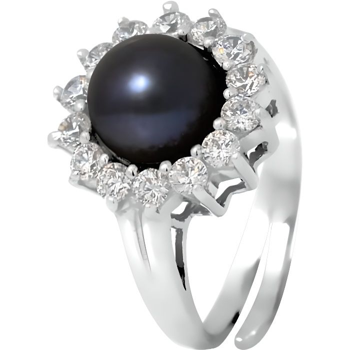 PERLINEA - Bague Véritable Perle de Culture d'Eau Douce Bouton 9-10 mm Black Tahiti - Taille Réglable - Argent 925 - Bijou Femme