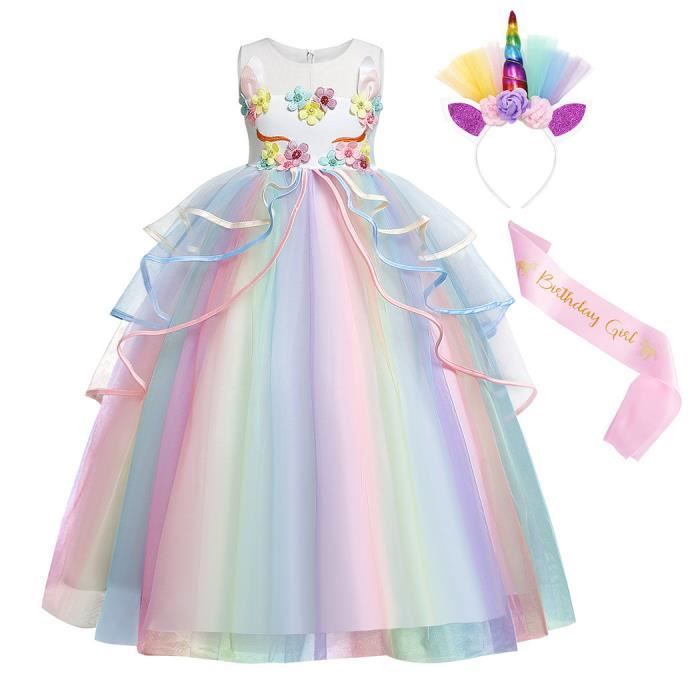 Jurebecia Robe Licorne Fille Princesse Costume Fleur Soiree Mariage Ceremonie Partie Habiller Anniversaire Fete Blanc Cdiscount Pret A Porter