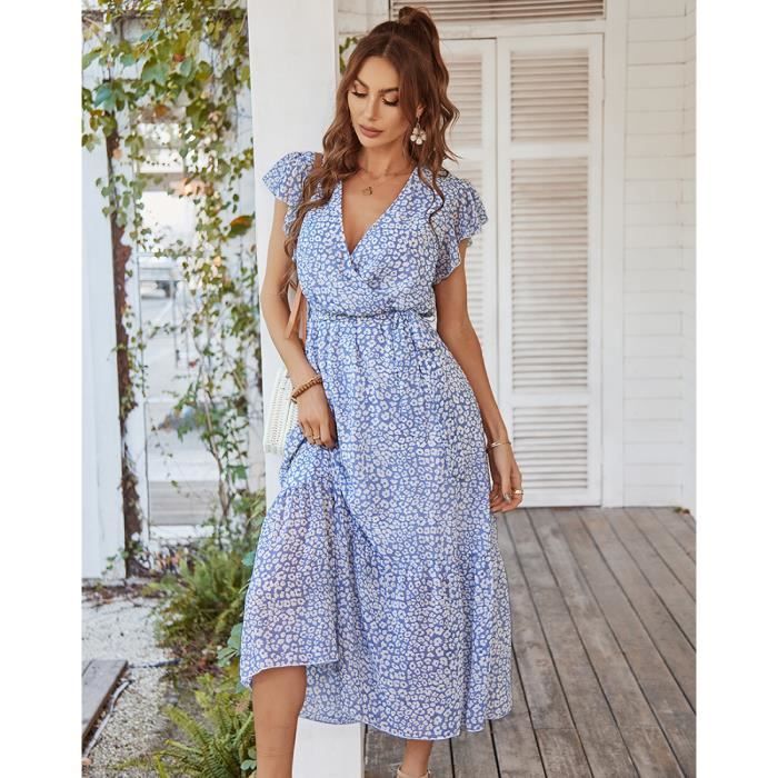 Robe Femme Fleurie Chic Et Élégante Mi Longue Robe Ete Manche Courte Col En  V Robe Asymétrique Soiree Décontracté Plage,Bleu Clair,S Bleu clair -  Cdiscount Prêt-à-Porter