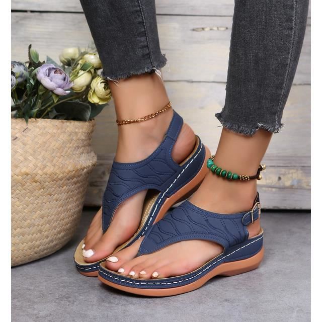 Sandales plates en cuir PU pour femmes Bleu Boucle de ceinture