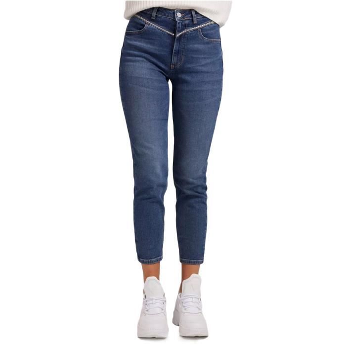 Jeans Mom taille haute destroy avec coeur en strass