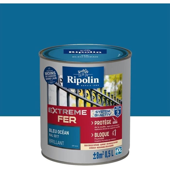 RIPOLIN Peinture pour Fer Extérieur - Bleu Océan Brillant, 0,5L