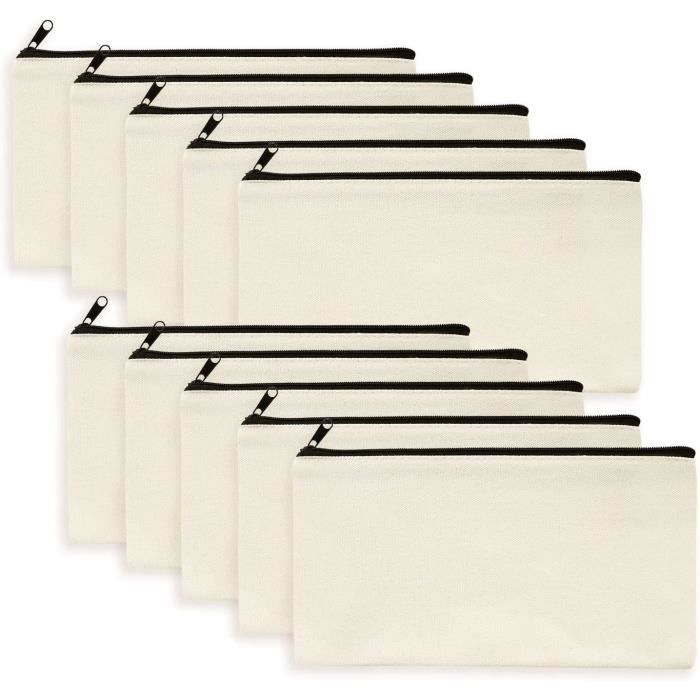 10 Trousses En Toile Vierge DIY – 21x12 Cm, Avec Fermeture éclair, Personnalisables (peinture, Broderie)