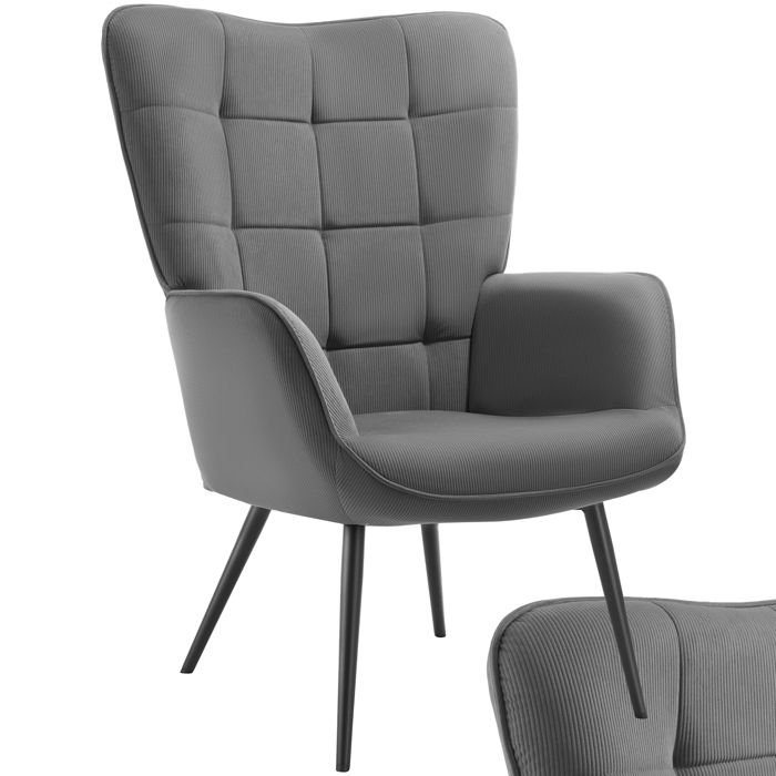 Chaise - TECTAKE - Fauteuil HYGGE rembourré en acier et polyester à laspect matelassé 72 x 76 x 1005 cm - Anthracite/Noir
