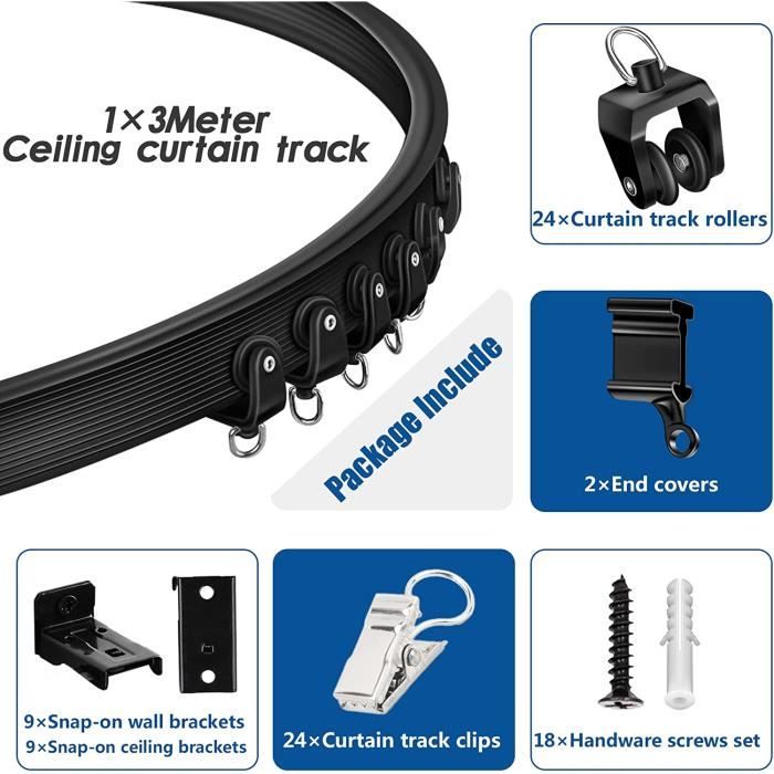 Rail Rideau Plafond Flexible 3 Mètres - PVC Avec âme Acier, Pliable Et Découpable - Pour Séparation De Pièce, Chambre, Balcon