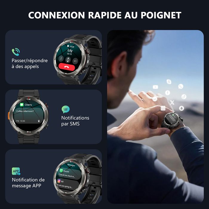 Montre Connectée Militaire Bluetooth - 1.39" écran HD - 110+ Modes Sport - IP68 - Appels, Santé, Personnalisation