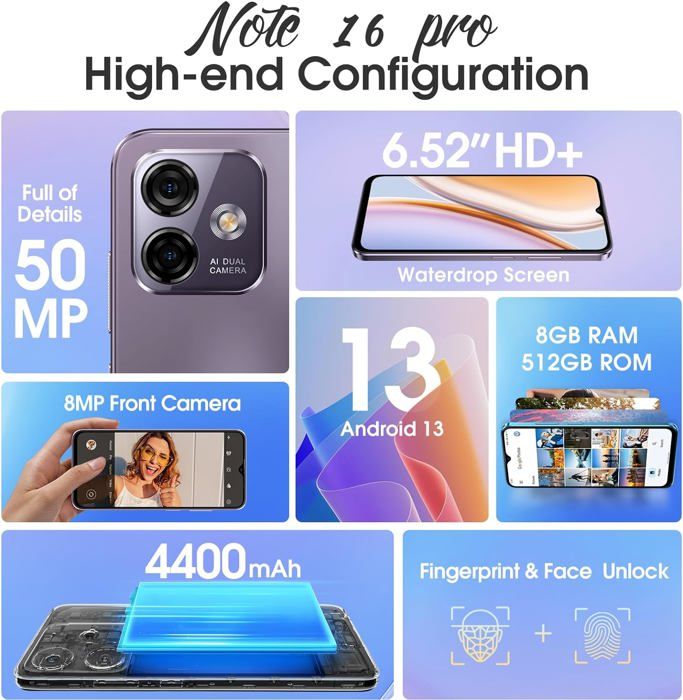 Note 16 Plus Note 16 Pro Téléphone Portable 16Go Ram+512Go Rom,Android 13,Écran 6.52 ...