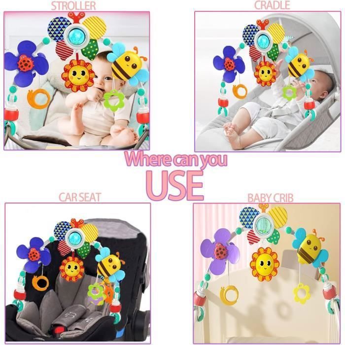 Arche D'éveil TIDEVAN Pour Poussette – Clips Ajustables, Jouets Suspendus Abeille/ Escargot/ Papillon – Développement Sensoriel 0-3 Ans