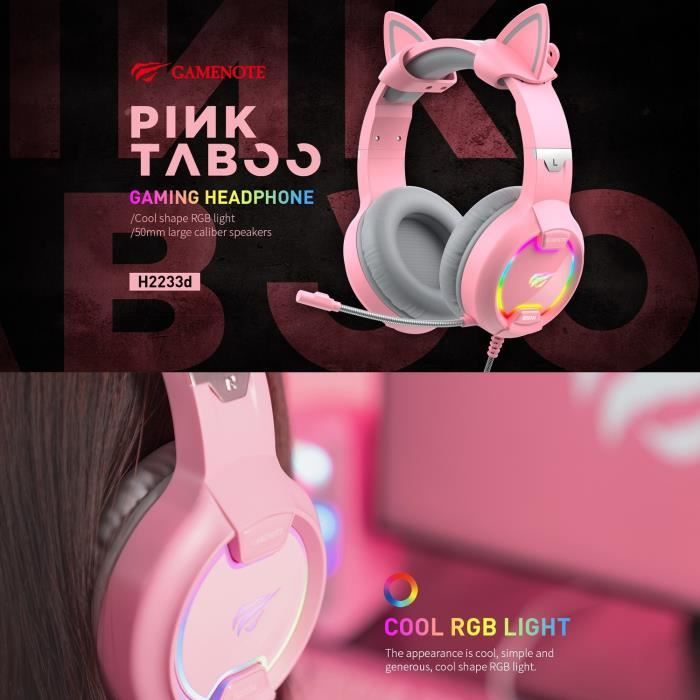 Casque gaming fille rose GAMENOTE H2233d avec oreilles de chat éclairage  RGB pour PC & console - Haut-parleur 50mm - Cdiscount Informatique