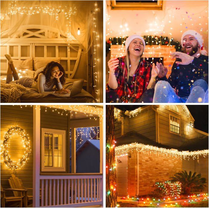 Rideau Lumineux Noel Exterieur, 5M 200 LED Connectable Guirlande Lumineuse Exterieure, 8Mode-Blanc Chaud