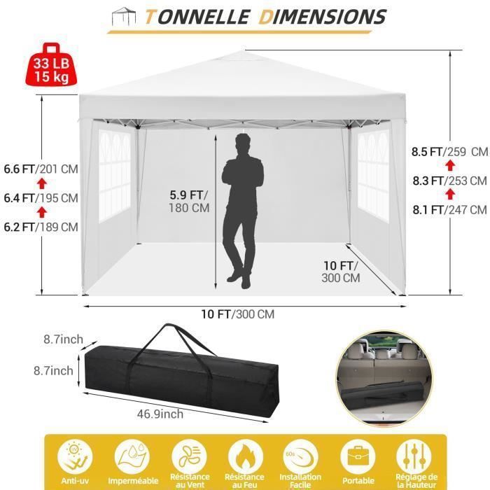 Tonnelle De Jardin 3x3 M Pliante – Aluminium, Imperméable, UV, Hauteur Réglable, Avec Sac De Transport