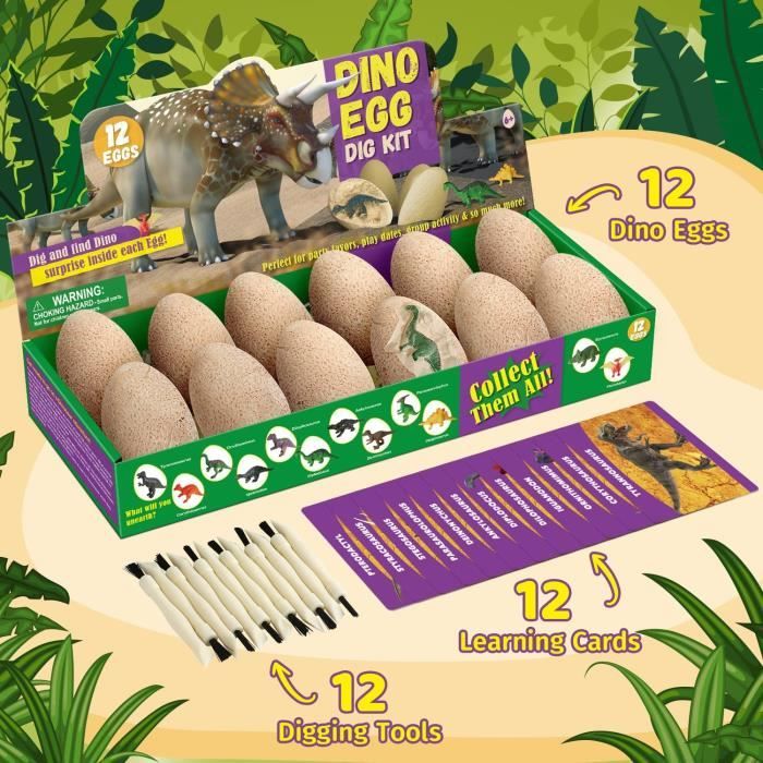 VATOS Kit De Fouille œufs Dinosaure 12 Pièces - Découvre 12 Dinos Différents, Jouet Archéologie STEM Pour Enfants 6 Ans+