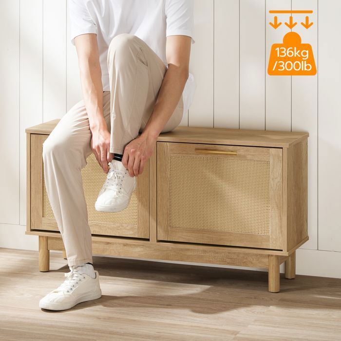 Banc à Chaussures D'entrée VEVOR 98x24x51.5 Cm - 4 Compartiments, Portes Rotin, Coussin Inclus - Capacité 199.6 Kg