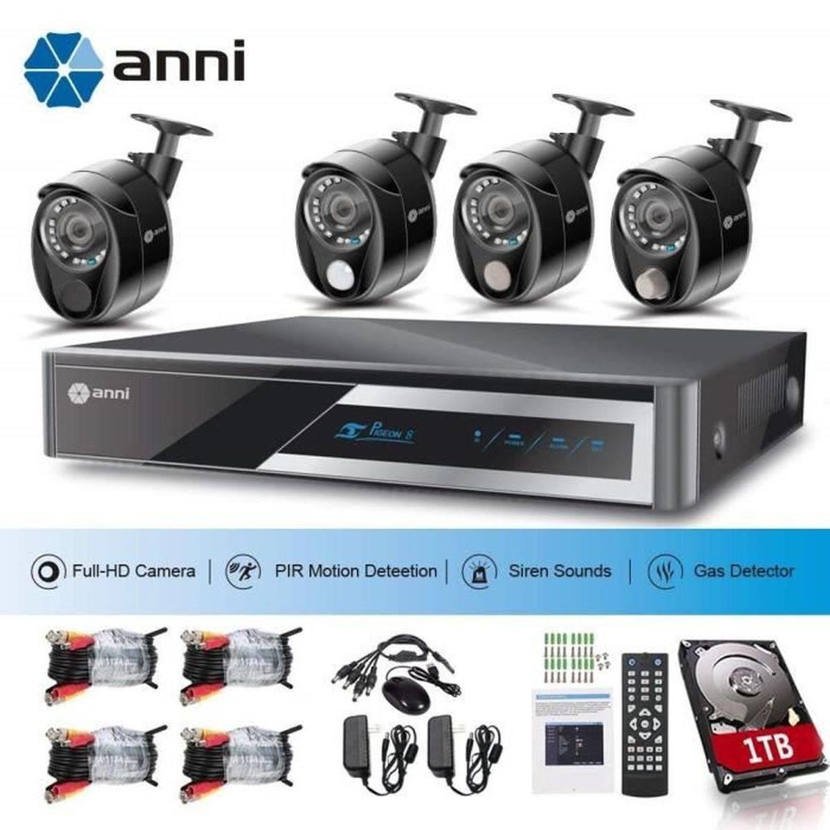 ANNI caméra de surveillance 8CH 1080N Kit AHD DVR avec 4 caméras 1080p 2.0MP Outdoor Kit de