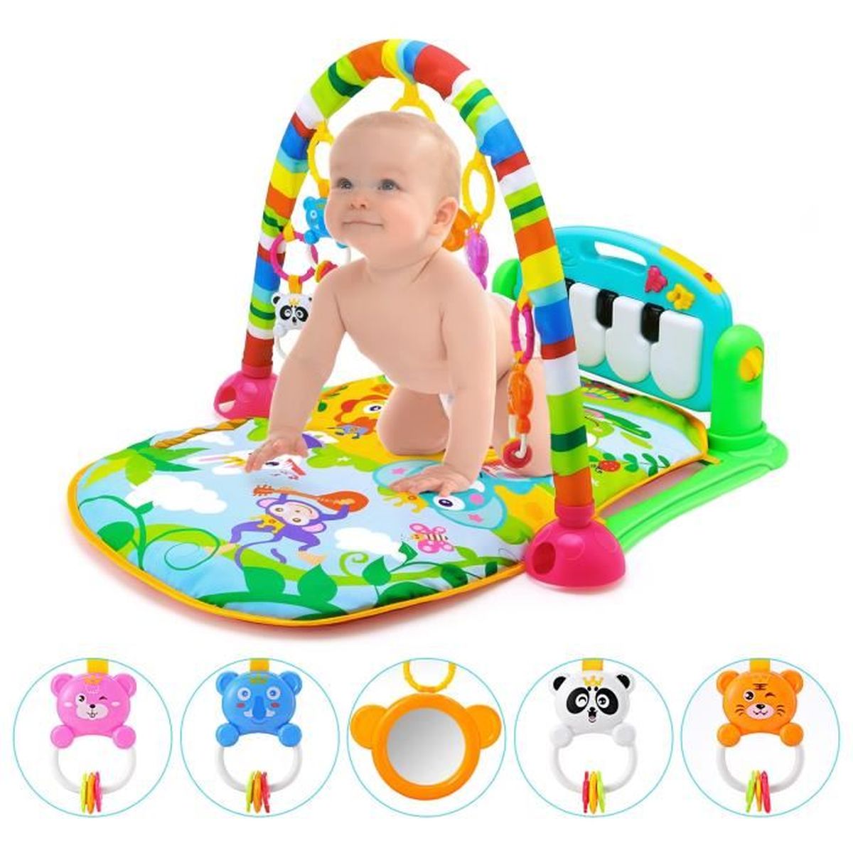 Tapis D'éveil Bébé Avec Arche De Jeu Et Piano - Musique, Lumières, Jouets Suspendus, 75x63cm