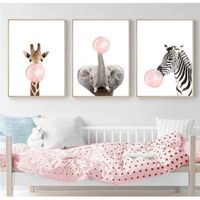 3 Posters Girafe Zèbre Éléphant Animal Bubble Rose Affiches Chambre Enfant Fille Tableau Décorations Murales Impression sur Toile