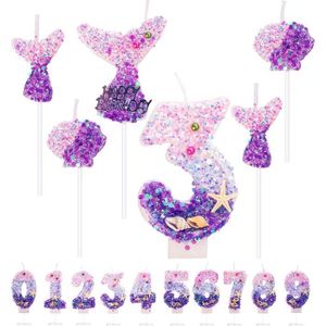 BOUGIE ANNIVERSAIRE Lot de 6 bougies d'anniversaire en forme de sirène - 7,3 cm - Violet - Paillettes - Pour anniversaire, fête à thème sirène.[Q1573]