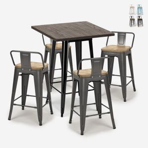 MANGE-DEBOUT Lot de 4 tabourets tolix table de bar industriel 60x60cm bois métal Rough Black - couleur:Gris foncé